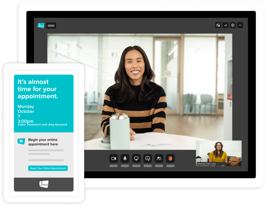 Video call interface showing a smiling woman in a striped sweater holding a white mug, with appointment reminder overlay for Monday October 7 at 3:00pm