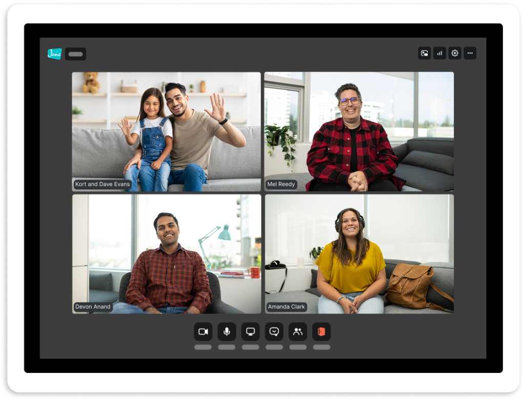 Video conference call with four participants: Kori and Dave Evans waving from a couch, Mel Reedy in a plaid shirt, Devon Anand at a desk, and Amanda Clark in a yellow top