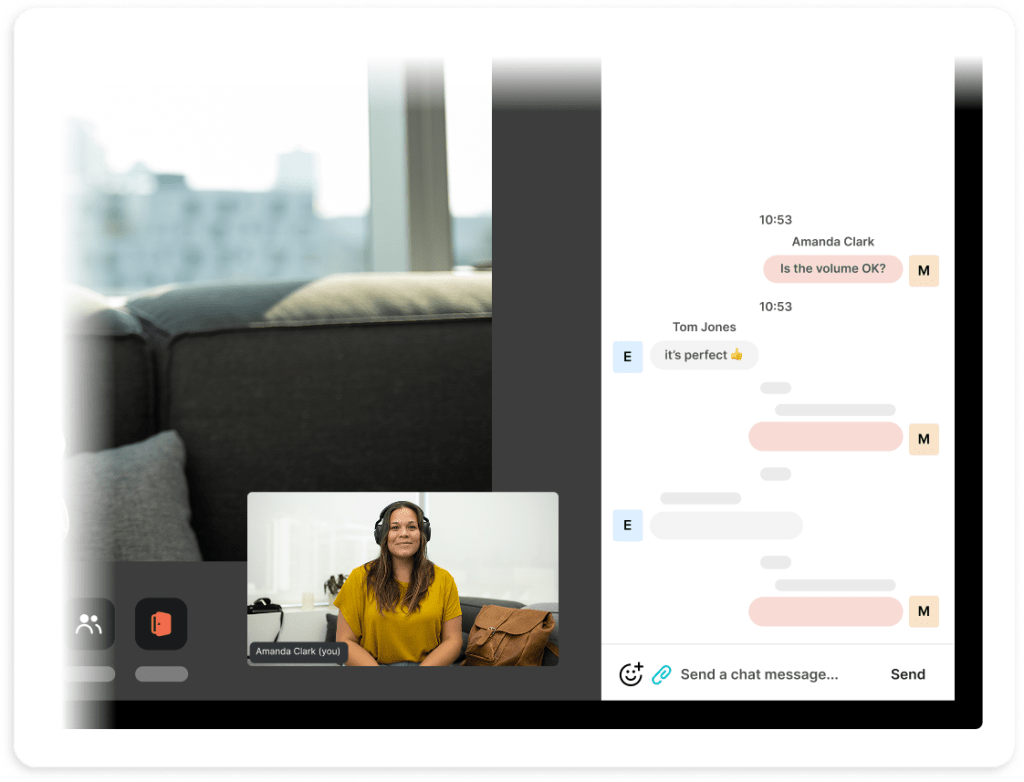 Video call interface showing Amanda Clark in yellow shirt with chat messages from participants including "Is the volume OK?" and "It's perfect