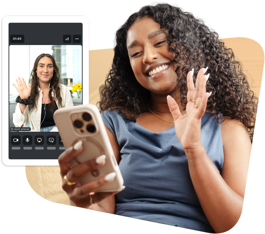 Woman with curly hair waving during a video call with Dr. Sarah Johnson, who is also waving on the phone screen