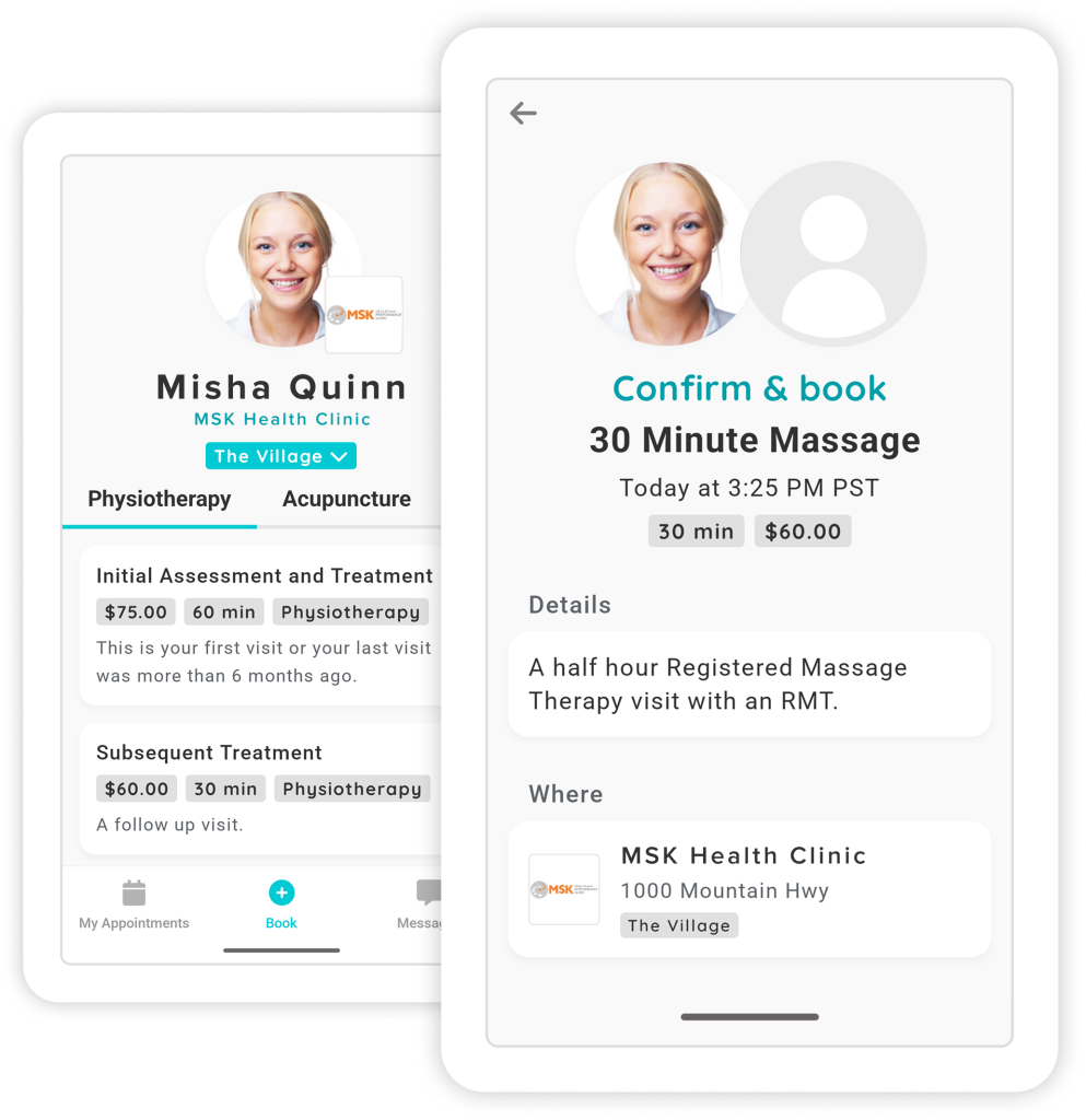 Mobile app interface showing healthcare provider Misha Quinn's profile and appointment booking screens for MSK Health Clinic services