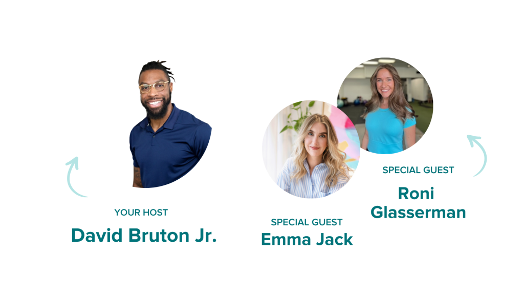 Host David Bruton Jr. and special guests Emma Jack and Roni Glasserman with headshot photos