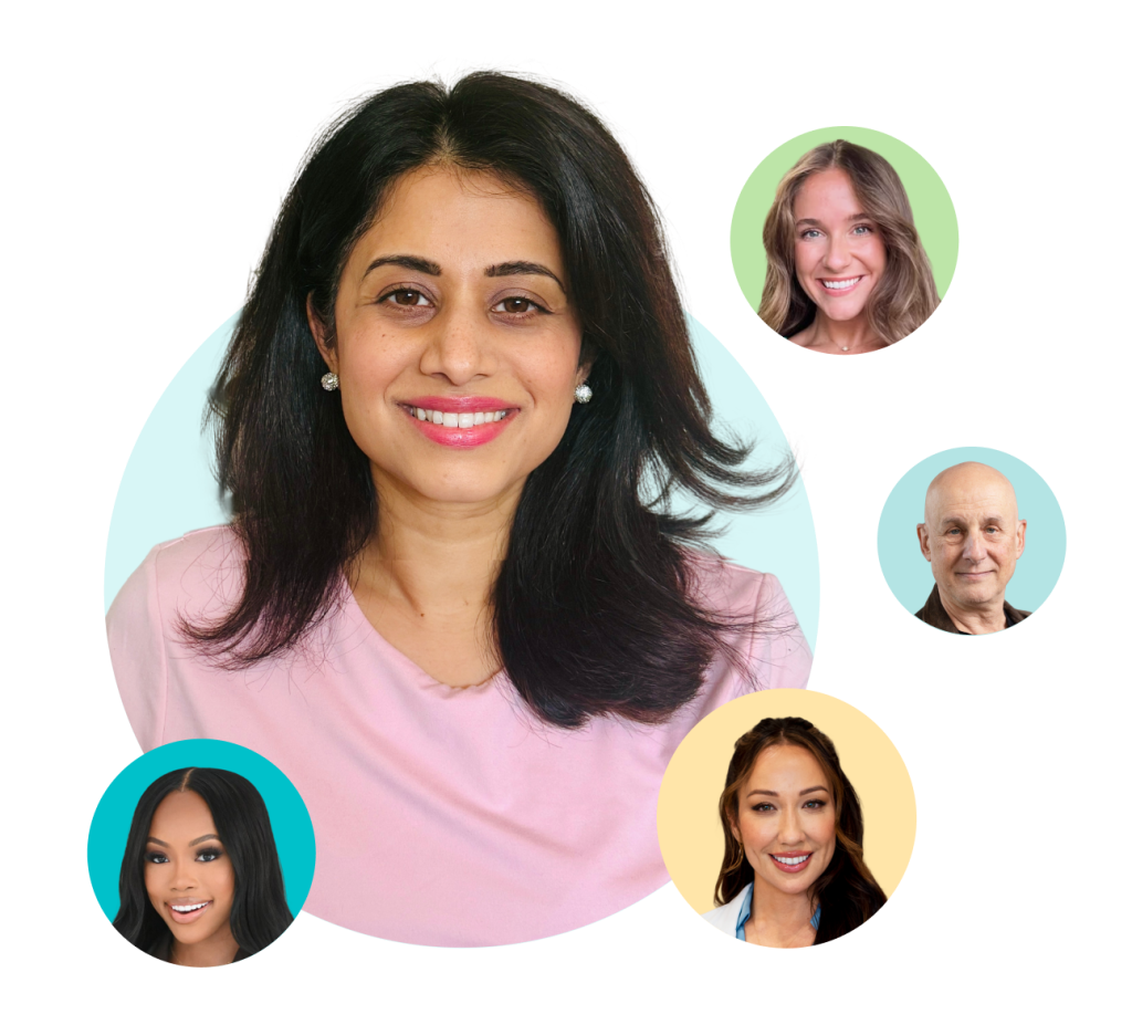 Woman in pink shirt surrounded by four smaller circular profile photos of diverse team members