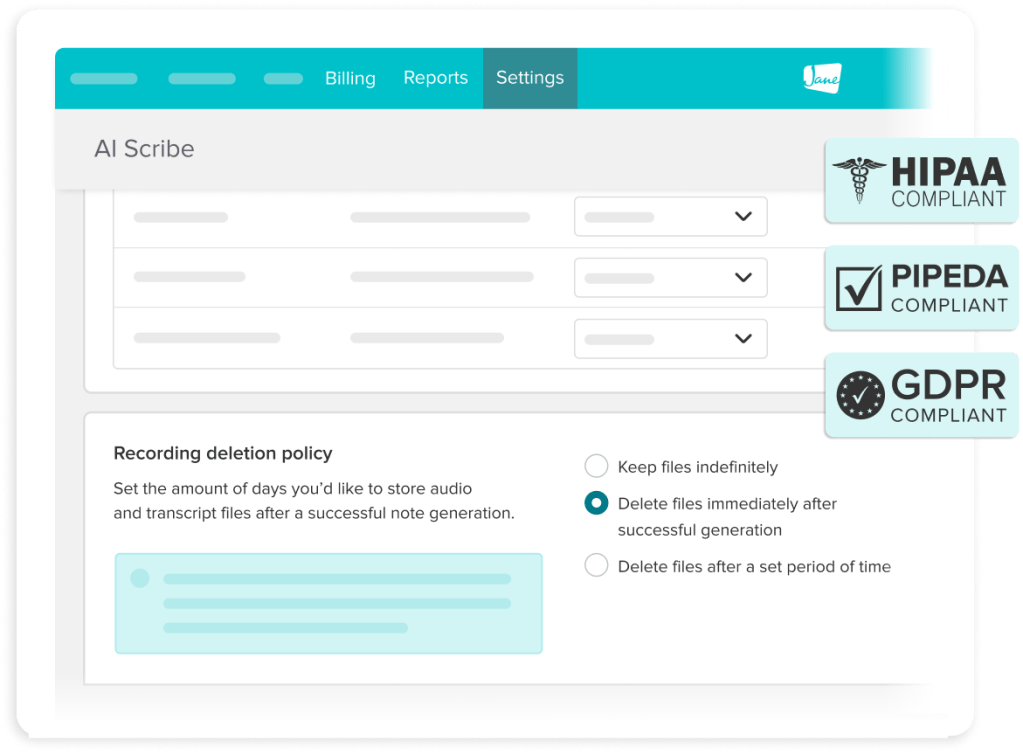 Settings interface for AI Scribe showing recording deletion policy options with HIPAA, PIPEDA, and GDPR compliance badges