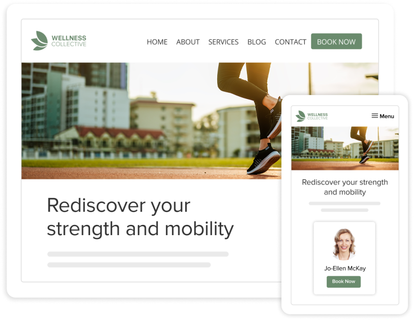 Wellness Collective website shown on desktop and mobile views, featuring a hero image of a runner on a track with city buildings in the background, the headline 'Rediscover your strength and mobility,' and a mobile practitioner card for Jo-Ellen McKay with a 'Book Now' button.