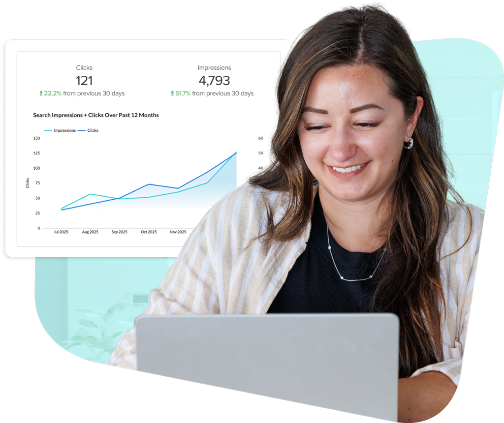 Search performance chart showing 121 clicks, up 22.2%, and 4,793 impressions, up 51.7%, over 30 days