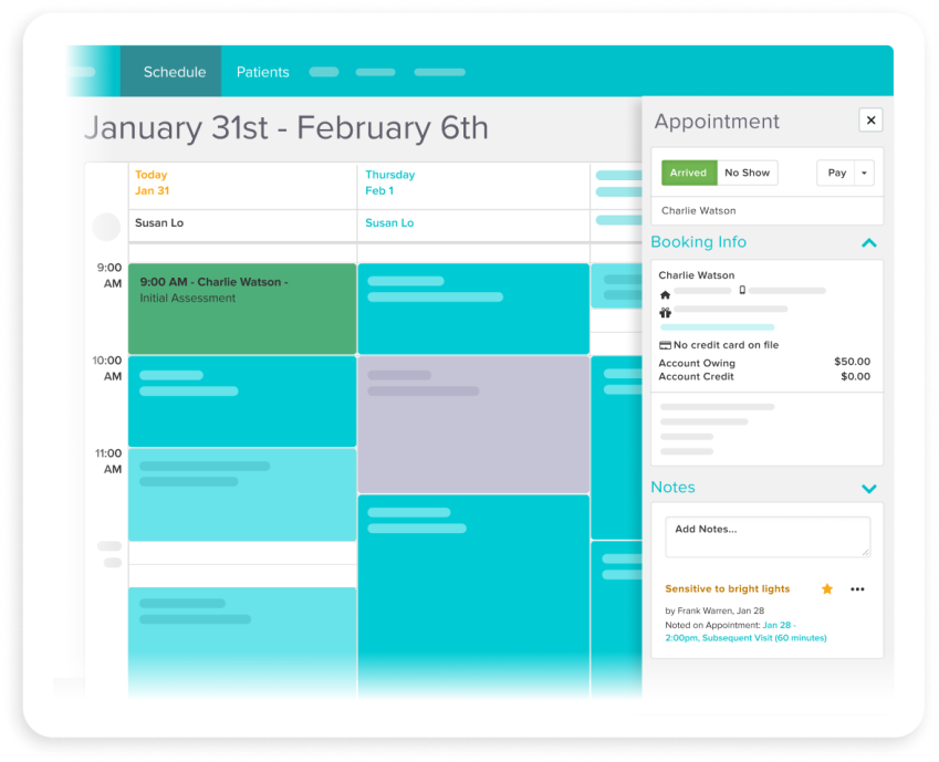 Scheduling app showing weekly calendar with appointments and a patient appointment panel with booking info and notes