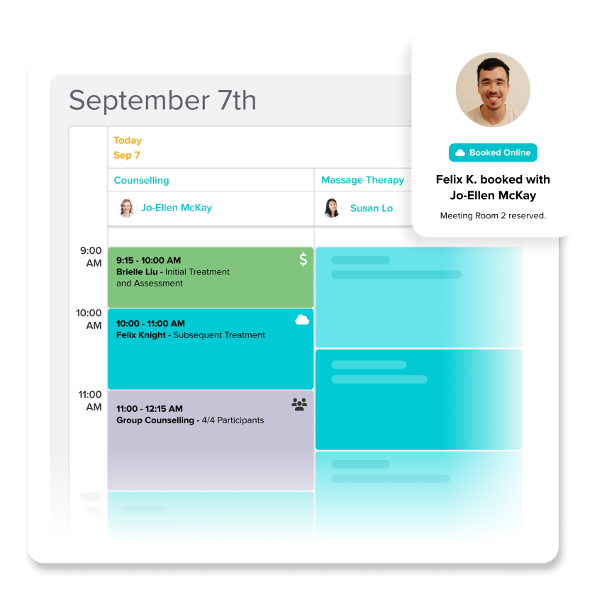 Scheduling calendar for September 7th showing counselling and massage therapy appointments, with an online booking notification for Felix K. with Jo-Ellen McKay