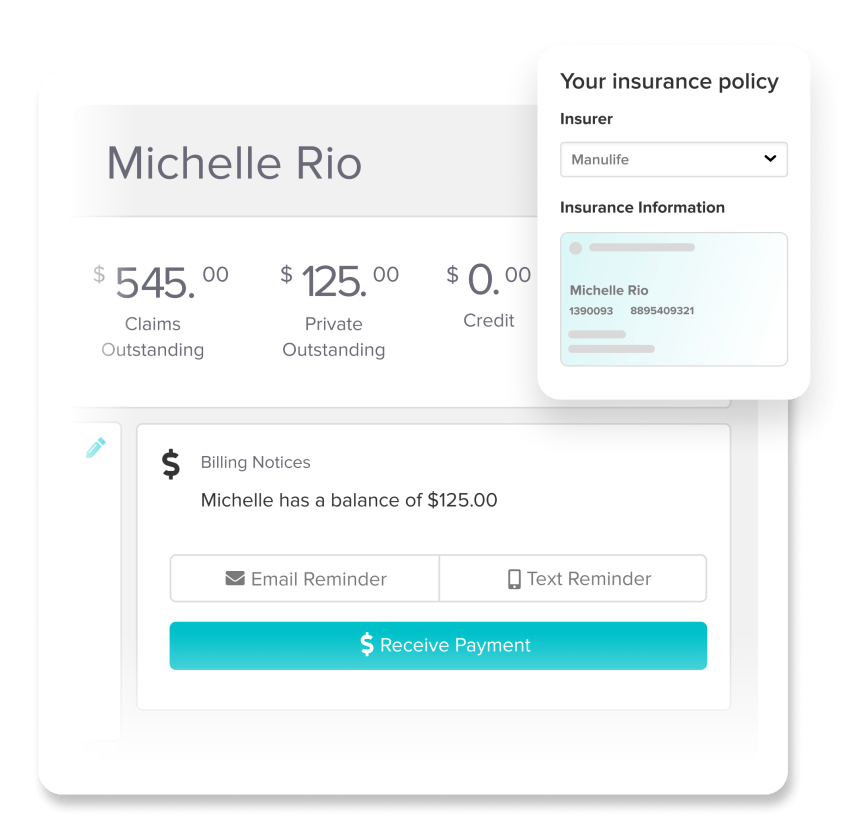 Patient billing dashboard for Michelle Rio showing $545 claims outstanding, $125 private balance, insurance policy with Manulife, and payment reminder options