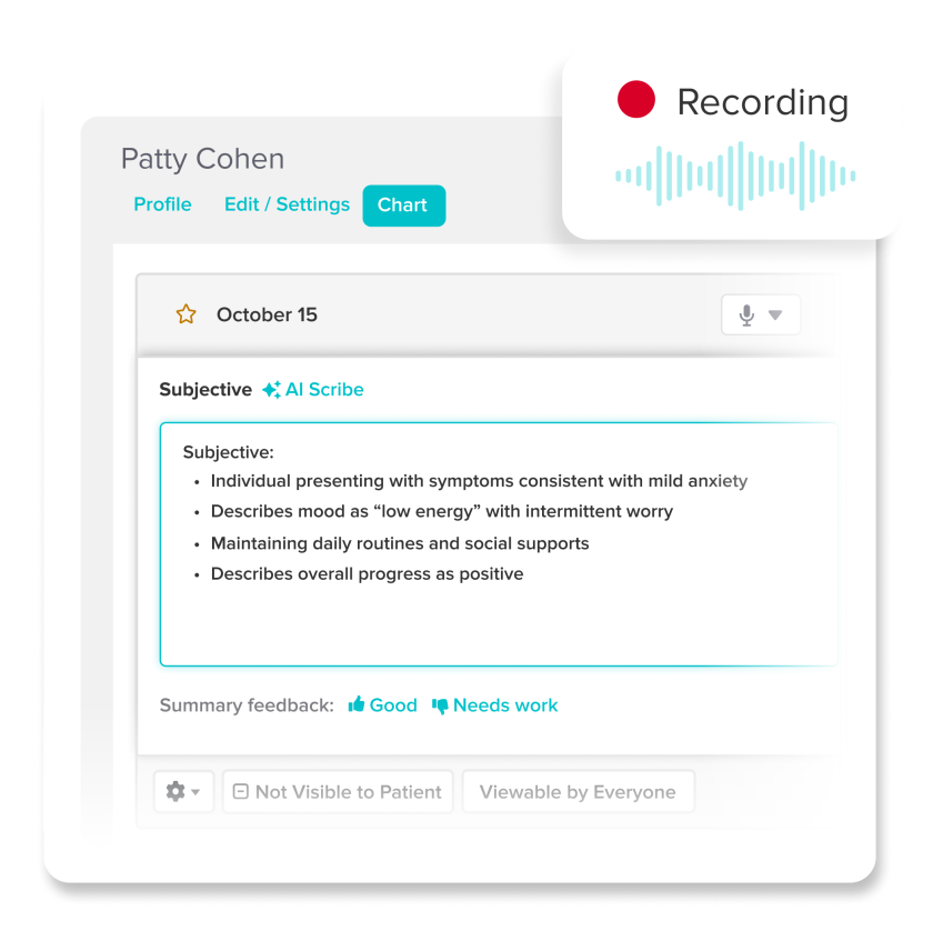 Screenshot of patient chart for Patty Cohen with active recording and AI Scribe generated subjective notes for October 15 session