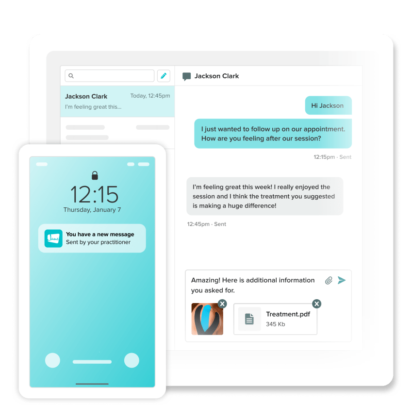 Secure messaging between practitioner and client shown on tablet and phone notification of new message