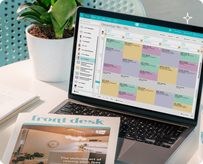 Laptop showing a clinic scheduling app with a weekly color-coded appointment calendar for December 11th-17th