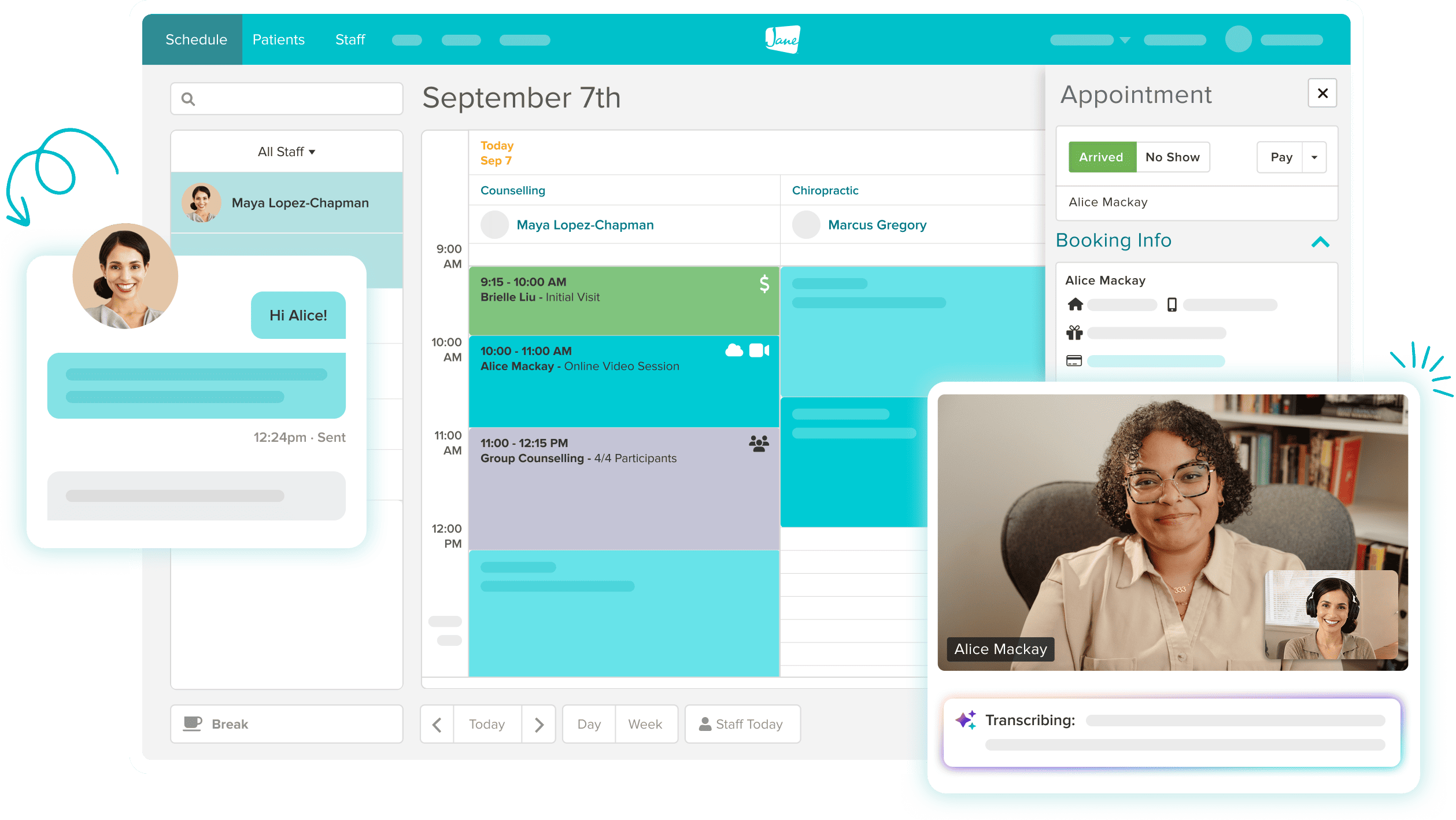 Screenshot of scheduling software showing a daily calendar, appointment details panel, patient message, and an online video session with live transcription