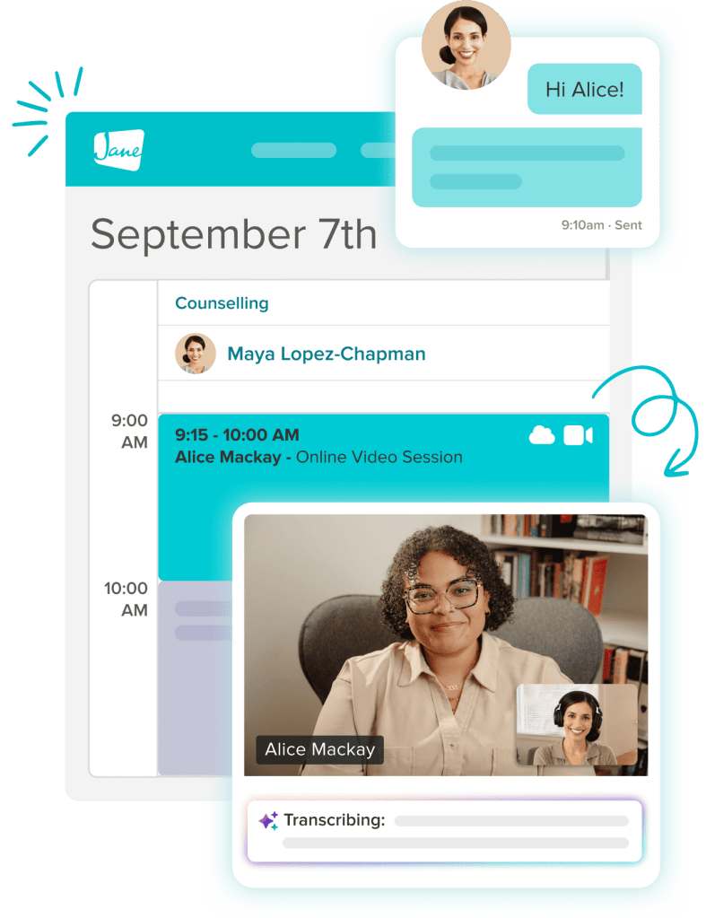 Jane app showing calendar, client message, online video session with Alice Mackay, and live transcription feature