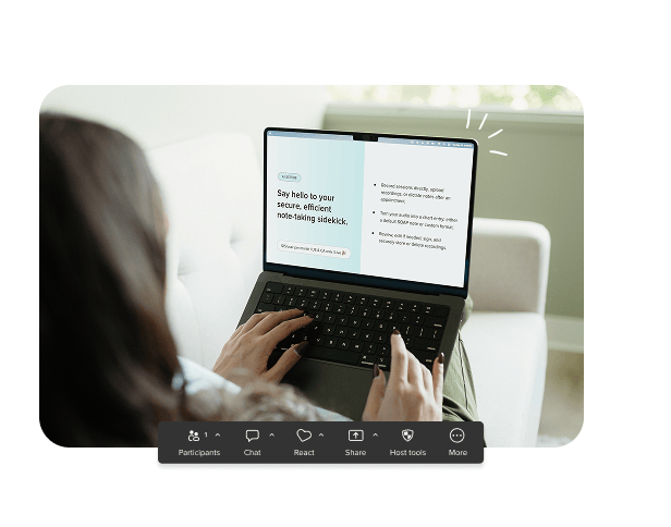 Person typing on a laptop showing a slide, "Say hello to your secure, efficient note-taking sidekick
